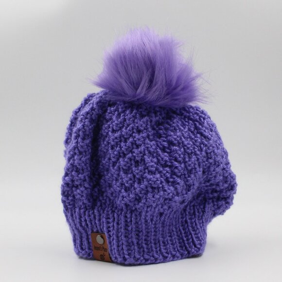 Handmade Hand Knit Purple Double Moss Stitch Beanie Hat with Faux Fur Pom Pom - Picture 3 of 4